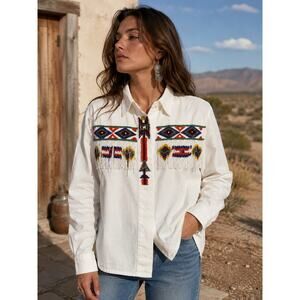 Vintage Cedars Beaded Fringe Western Shirt Women’s Size 14 White